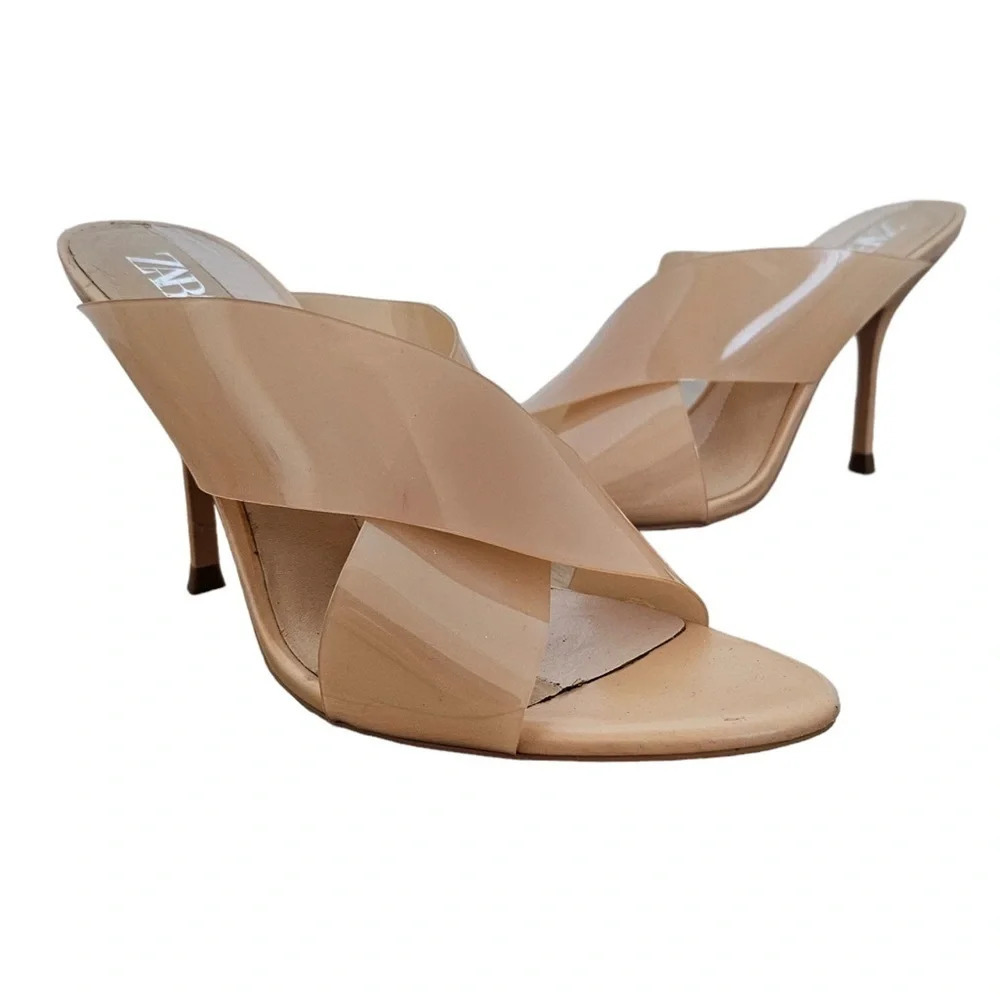 Zara patent crossover stiletto mules nude size 39